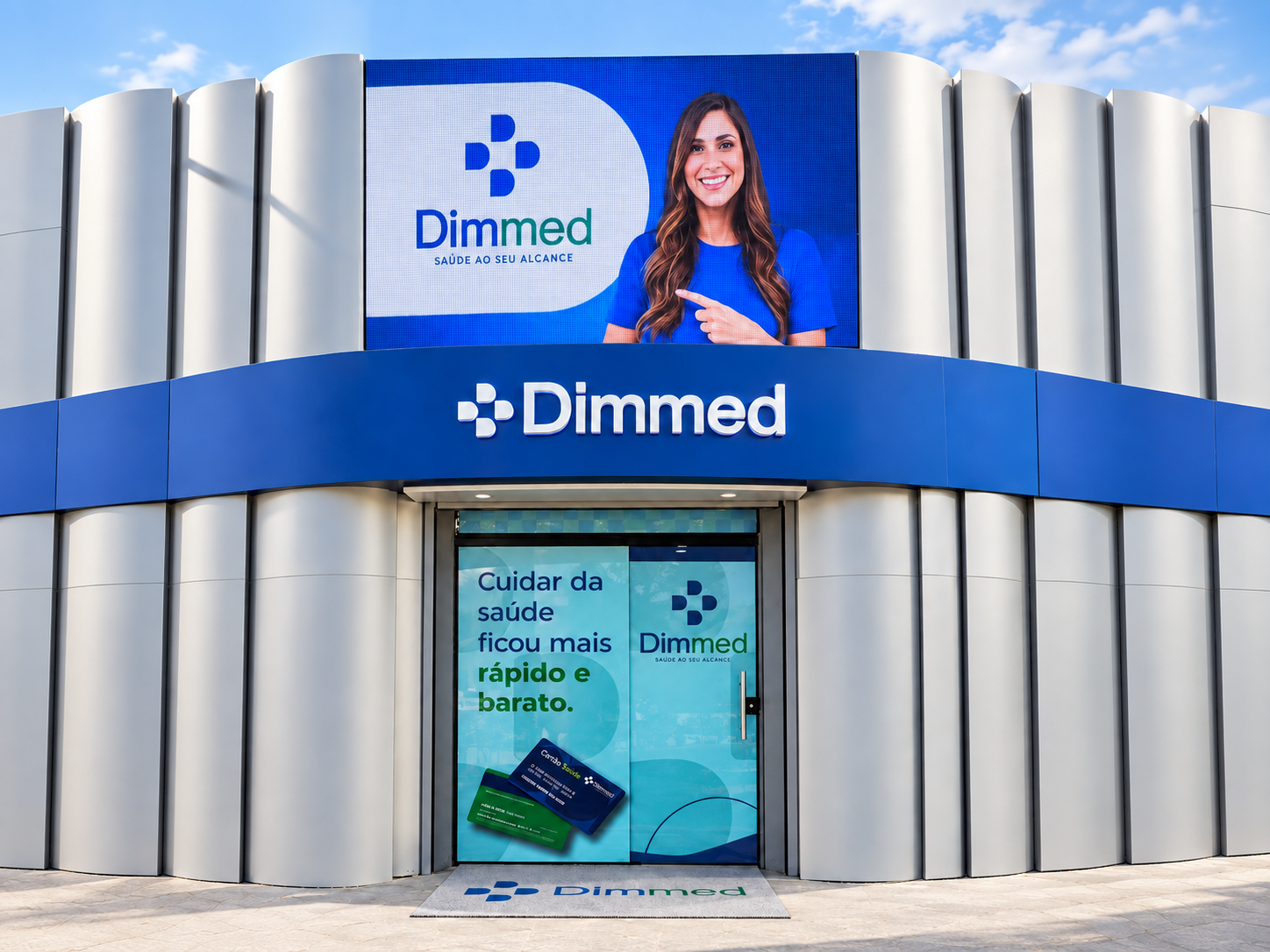 Fachada completa da Dimmed com telão, letreiro e entrada